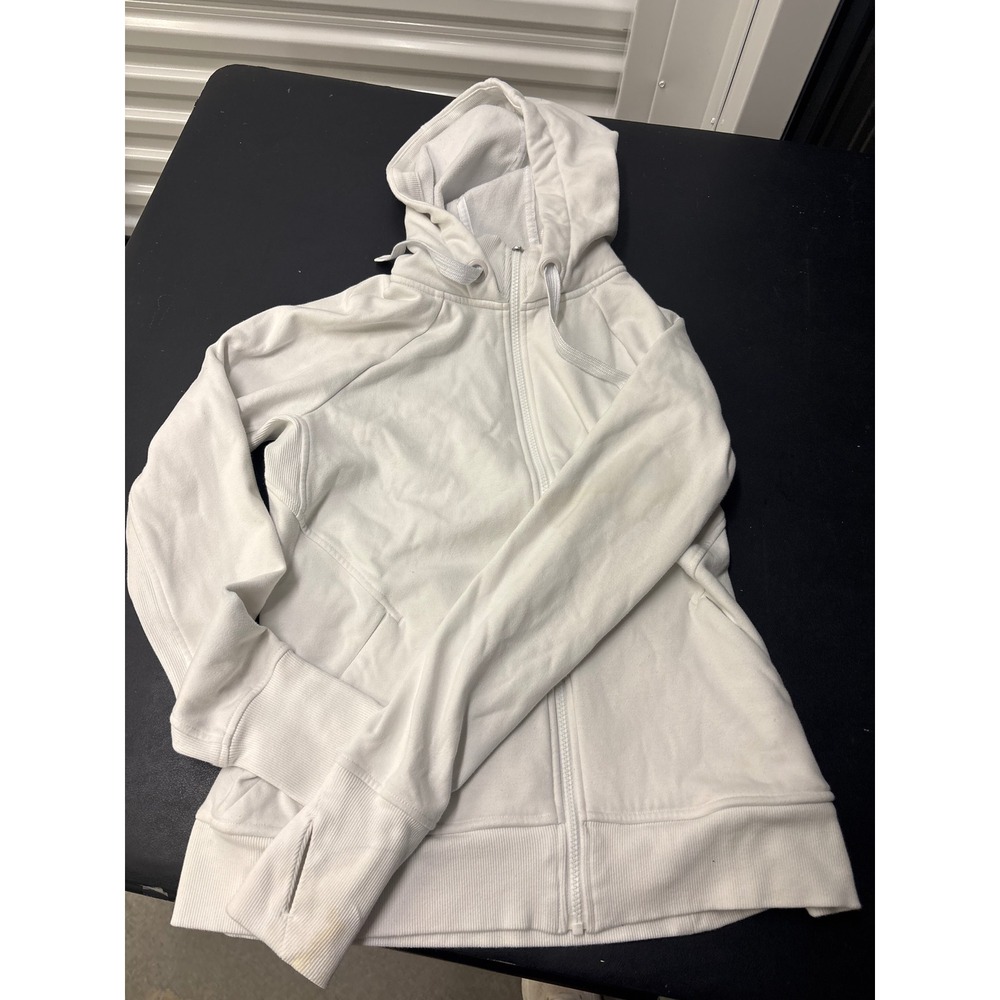 Athleta Womens White Full Zip Fleece Lined Hoodie Thumbholes Size M